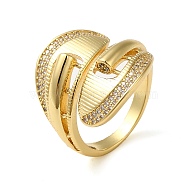 Brass Micro Pave Cubic Zirconia Open Cuff Ring, Hollow Leaf, Real 16K Gold Plated, US Size 8 1/2(18.5mm)(RJEW-Q805-06G)