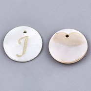 Natural Freshwater Shell Pendants, with Golden Plated Brass Etched Metal Embellishments, Flat Round with Letter, Letter.J, 15x2mm, Hole: 1.2mm(SHEL-N027-04J)