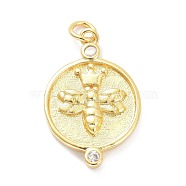 Brass Micro Pave Clear Cubic Zirconia Pendants, with Jump Ring, Long-Lasting Plated, Flat Round with Bees, Real 18K Gold Plated, 22x15x3mm, Jump Ring: 4.5x1mm, 3mm Inner Diameter(ZIRC-L091-082G)