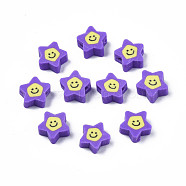Handmade Polymer Clay Beads, Star with Smiling Face, Slate Blue, 7.5~9x8.5~9x3.5~4mm, Hole: 1.6mm(CLAY-N011-45A-02)