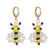Glass Braided Bees Dangle Leverback Earrings, Gold Plated Brass Wire Wrap Jewelry for Women, Yellow, 41mm, Pin: 0.9mm(EJEW-TA00126)