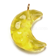 Transparent Resin Moon Pendants, Crescent Moon Charms with Light Gold Plated Iron Loops, Yellow, 28x20x9.5mm, Hole: 1.8mm(RESI-A026-01D)