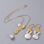 Natural Baroque Pearl Keshi Pearl Pendant Necklaces & Dangle Earring Jewelry Sets, with Natural Pearl, Brass Cable Chains, Flower Links and Earring Hooks, with Cardboard Packing Box, Real 18K Gold Plated, 18.89 inch(48cm), 64mm, Pin: 0.7mm(SJEW-JS01074)