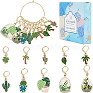 Green Plants Locking Stitch Markers, Alloy Enamel Charm Stitch Marker with 304 Stainless Steel Hoop, Golden, 3.5~5cm, 10 style, 2pcs/style, 20pcs/box(HJEW-SC0001-37)