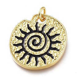 Real 18K Gold Plated Brass Enamel Pendants, Long-Lasting Plated, with Jump Rings, Lead Free & Cadmium Free, Flat Round with Sun, Black, 23x22.5x2.5mm, Jump Ring: 6x1mm, Inner Diameter: 4mm(KK-A150-07G-A-RS)