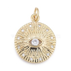Brass Micro Pave Cubic Zirconia Pendants, with Jump Ring, Flat Round with Eye, Real 18K Gold Plated, Clear, 19x17x2.5mm, Hole: 3mm, Jump Ring: 5x0.9mm(X-KK-O126-04G-01)