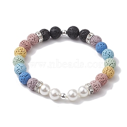 8mm Round 7-Color Natural Lava Rock & Shell Pearl Beaded Stretch Bracelets for Women Men, Colorful, 1/4 inch(0.8cm), Inner Diameter: 2-1/8 inch(5.45cm), Bead: 8mm(BJEW-JB10330-01)
