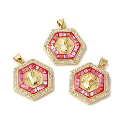 Brass Micro Pave Cubic Zirconia Pendants, with Enamel & Shell, Long-Lasting Plated, Lead Free & Cadmium Free, Real 18K Gold Plated, Hexagon with Virgin Face, Crimson, 23.5x24x4mm, Hole: 5x3.5mm(KK-K385-109G)