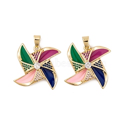 Brass Micro Pave Cubic Zirconia Pendants, with Enamel, Real 18K Gold Plated, Pinwheel Charms, Colorful, 25x26x6.5mm, Hole: 6.5x3.5mm(KK-E108-16G)