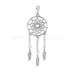 Antique Silver Plated Alloy Big Pendants, with Faceted Glass Beads and Brass Spring Ring Clasps, Woven Net/Web with Feather, WhiteSmoke, 82mm(HJEW-JM00377-05)