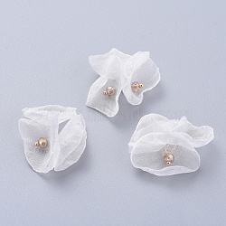 Handmade Netting Fabric Woven Costume Accessories, with Golden Plated Brass Eye Pin, Flower, White, 25~31x4.5mm(WOVE-F023-C12)