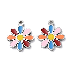 304 Stainless Steel Charms, with Enamel, Flower Charm, Stainless Steel Color, 13x11x1.5mm, Hole: 1.2mm(STAS-C083-14P-01)