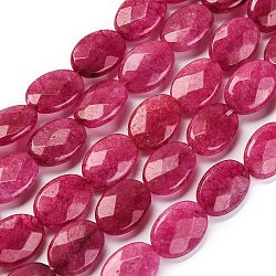 Natural White Jade Beads Strands, Dyed, Flat Oval, Faceted, Deep Pink, 15x10x4mm, Hole: 0.8mm, about 27pcs/strand, 14.76 inch(37.5cm)(X-G-L605-D01-01A)