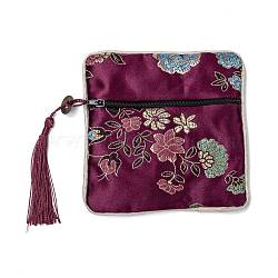 Chinese Brocade Tassel Zipper Jewelry Bag Gift Pouch, Square with Flower Pattern, Purple, 11.5~11.8x11.5~11.8x0.4~0.5cm(ABAG-F005-06)