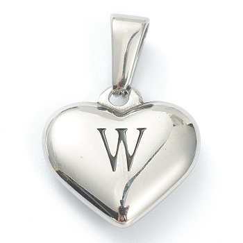 304 Stainless Steel Pendants, Heart with Black Letter, Stainless Steel Color, Letter.W, 16x16x4.5mm, Hole: 7x3mm