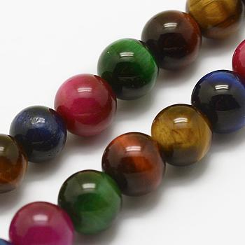 Natural Tiger Eye Beads Strands, Round, Dyed, Grade A, Mixed Color, 8mm, Hole: 1mm, about 48pcs/strand, 15.3 inch(39cm)