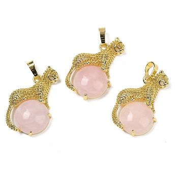 Natural Rose Quartz Ball with Leopard Shape Brass Pendants, Rack Plating, Cadmium Free & Lead Free, Long-Lasting Plated, 35x22x6.5mm, Hole: 7x3.5mm