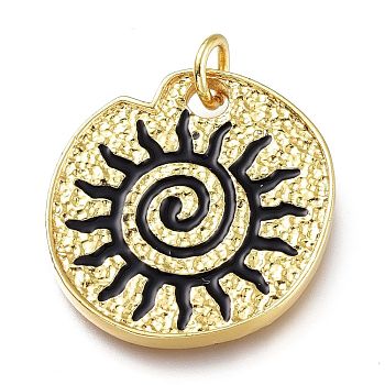 Real 18K Gold Plated Brass Enamel Pendants, Long-Lasting Plated, with Jump Rings, Lead Free & Cadmium Free, Flat Round with Sun, Black, 23x22.5x2.5mm, Jump Ring: 6x1mm, Inner Diameter: 4mm