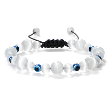 Round Cat Eye Braided Beaded Bracelets, Adjustable Evil Eye Resin Bracelets for Women Men