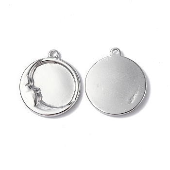 304 Stainless Steel Pendants, Flat Round with Moon Charm, Stainless Steel Color, 20.5x18x2.5mm, Hole: 1.6mm