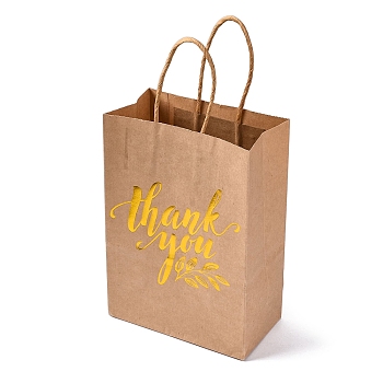 Gold Stamp Thank You Printed Paper Gift Tote Bags, Shopping Bags with Paper Twine Handles, Rectangle, BurlyWood, 20.9x14.9x0.2cm, Unfold: 8x14.9x20.9cm