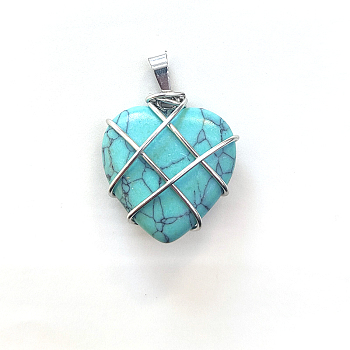 Synthetic Turquoise Copper Wire Wrapped Pendants, Heart Charms, Silver Color, 20mm