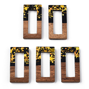 Opaque Resin & Walnut Wood Pendants, Hollow Rectangle Charms with Paillettes, Black, 28x14.5x3.5mm, Hole: 1.8mm