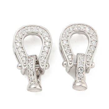 925 Sterling Silver Micro Pave Clear Cubic Zirconia Fold Over Clasps, Horse Shoes, Real Platinum Plated, 17mm, Hole: 3mm