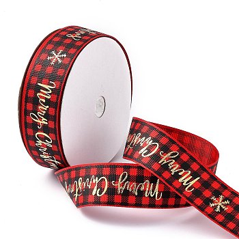 20 Yards Merry Christmas Printed Polyester Grosgrain Ribbons, Hot Stamping Flat Tartan Ribbons, Dark Red, 1 inch(25mm), about 20.00 Yards(18.29m)/Roll