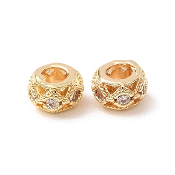 Brass Micro Pave Clear Cubic Zirconia Spacer Beads, Drum, Rack Plating, Long-Lasting Plated, Lead Free & Cadmium Free, Real 18K Gold Plated, 6x3.5mm, Hole: 2.5mm