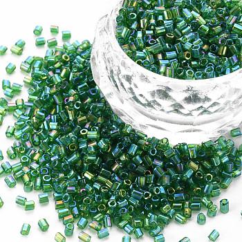 Glass Bugle Beads, Transparent Colours Rainbow, Sea Green, 2.5~3x2mm, Hole: 0.9mm, about 15000pcs/pound