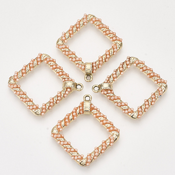 Eco-Friendly Alloy Pendants, with ABS Plastic Imitation Pearl Beads, Rhombus, Light Gold, 34.5x31x4mm, Hole: 1.8mm, Diagonal Length: 34.5mm, Side Length: 25mm