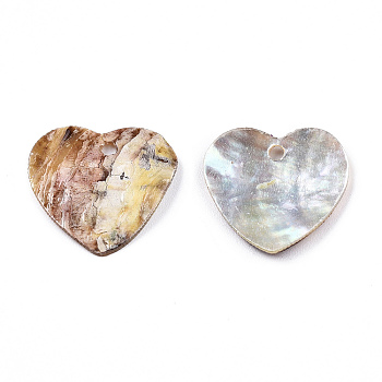 Natural Akoya Shell Pendants, Mother of Pearl Shell Pendant, Heart Charm, 14~15.5x15~16x1.5~2.5mm, Hole: 1.4mm