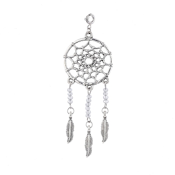 Antique Silver Plated Alloy Big Pendants, with Faceted Glass Beads and Brass Spring Ring Clasps, Woven Net/Web with Feather, WhiteSmoke, 82mm