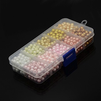 1Box Mixed Style Round Glass Pearl Beads, Dyed, Mixed Color, 6mm, Hole: 1mm, about 50pcs/compartment, about 500pcs/box