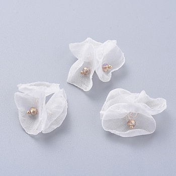 Handmade Netting Fabric Woven Costume Accessories, with Golden Plated Brass Eye Pin, Flower, White, 25~31x4.5mm