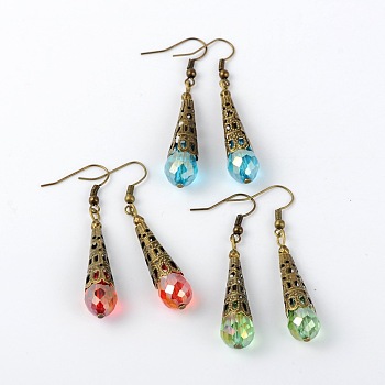 Brass Glass Teardrop Beads Dangle Earrings, with Iron Beads and Brass Earring Hooks, Antique Bronze, Mixed Color, 56mm, Pin: 0.7mm
