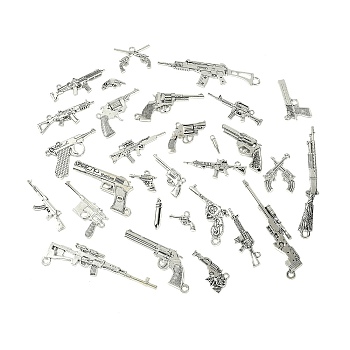 Zinc Tibetan Style Alloy Pendants, Gun, Antique Silver, 14~81x10~26x2~5mm, Hole: 1.4~3.4mm, 30pcs/bag, 1 bag/box