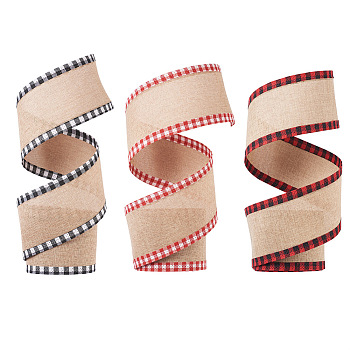 Cheriswelry 3Roll 3 Style Polyester & Hemp Ribbon, Flat with Tartan Pattern, Mixed Color, 2-1/2 inch(65mm), 1roll/style