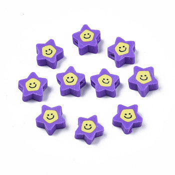 Handmade Polymer Clay Beads, Star with Smiling Face, Slate Blue, 7.5~9x8.5~9x3.5~4mm, Hole: 1.6mm