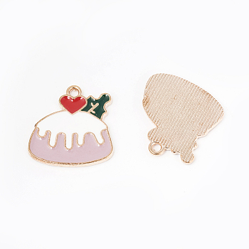 Alloy Enamel Pendants, Cake, Imitation Food, Light Gold, Pink, 19.5x18.5x1.5mm, Hole: 1.5mm