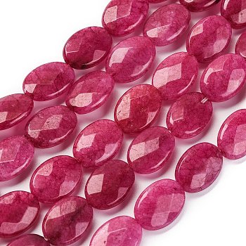 Natural White Jade Beads Strands, Dyed, Flat Oval, Faceted, Deep Pink, 15x10x4mm, Hole: 0.8mm, about 27pcs/strand, 14.76 inch(37.5cm)