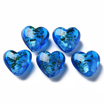 Handmade Lampwork Silver Foil Glass Beads, Heart, Blue, 15~16x15.5x9~10mm, Hole: 1.2mm