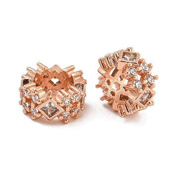 Rack Plating Brass Micro Pave Clear Cubic Zirconia Beads, Lead Free & Cadmium Free, Long-Lasting Plated, Rose Gold, 9.5x5mm, Hole: 5.5mm