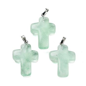 Natural Green Fluorite Pendants, Religion Cross Charms with Rack Plating Platinum Tone Brass Snap on Bails, 35x23x9mm, Hole: 7x4mm