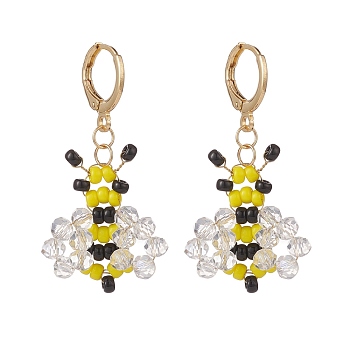 Glass Braided Bees Dangle Leverback Earrings, Gold Plated Brass Wire Wrap Jewelry for Women, Yellow, 41mm, Pin: 0.9mm