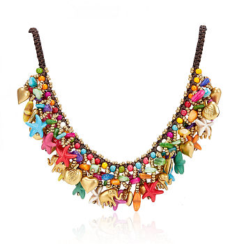 SHEGRACE Bib Necklaces, with Synthetic Turquoise Beads, Waxed Cord and Brass Beads, Golden, Colorful, 16.54 inch(42cm)