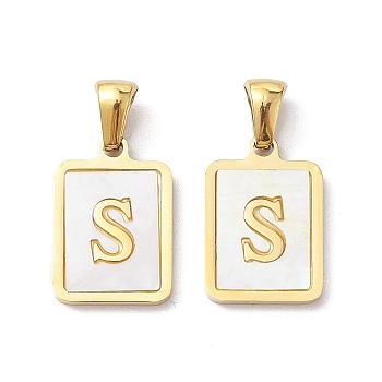 Ion Plating(IP) 304 Stainless Steel Pave Shell Pendants, Rectangle Charm, Real 18K Gold Plated, Letter S, 17.5x12x1.5mm, Hole: 3x5mm