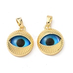 Brass Glass Pendants, Flat Round with Eye, Real 18K Gold Plated, 16x13x5.5mm, Hole: 4x3mm(KK-P334-05G)