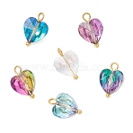 Transparent Glass Charms, Heart, with Brass Loop, Faceted, Golden, 15x10x6mm, Hole: 2mm(PALLOY-JF04198-01)